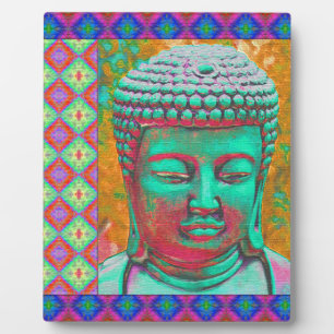 Plaque Photo Bouddha Pop avec des bordures en Patchwork en bleu