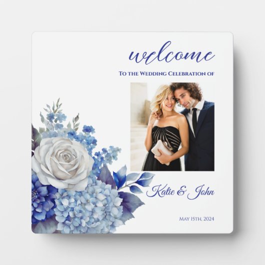 Plaque Photo Bouquet de fleurs bleu aquarelle (Devant)