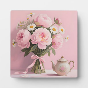 Plaque Photo Bouquet de pivoines roses et marguerites
