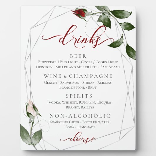 Plaque Photo Cabernet Blush Roses Mariage Bar de réception Menu (Devant)