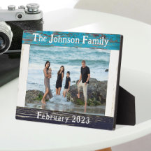Cadre photo de famille en bois bleu rustique 13 x