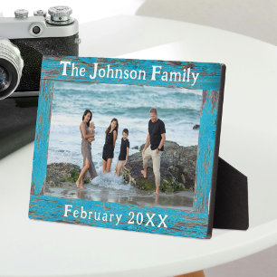 Plaque Photo Cadre photo en bois bleu de nom de famille rustiqu