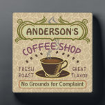 Plaque Photo Café avec Coupe Créez votre propre personnalisatio<br><div class="desc">Cette plaque d'affichage sur le thème du café est parfaite pour tous ceux qui tiennent leur propre café ou ont un thème café dans leur décor de cuisine maison. Réalisée dans des tons de brun rétro, vert, violet et d'orange, cette conception inspirée d'espresso / cappuccino comprend une tasse sur une...</div>