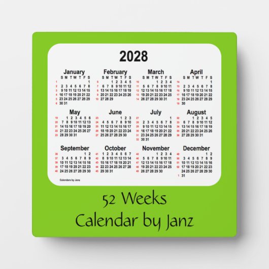 Plaque Photo Calendrier de 52 semaines 2028 Jaune vert par Janz (Devant)