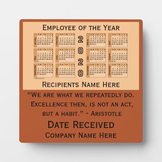 Plaque Photo Calendrier de bureau 2020 de l'employé de l'année (Devant)