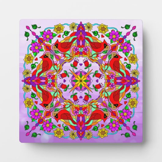 Plaque Photo Cardinal et fleurs Mandala (Devant)