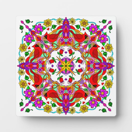 Plaque Photo Cardinal et fleurs Mandala (Devant)