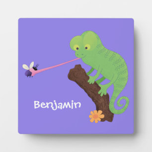 Plaque Photo Caricature de lézard de caméléon vert joyeux