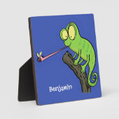 Plaque Photo Caricature de lézard de caméléon vert joyeux (Recto)
