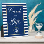 Plaque Photo Cartes de mariage Nautique Bleu Stripes Cadeaux<br><div class="desc">Bleu Nautique Grilles Or Cartes de mariage Cadeaux Table Plaque</div>