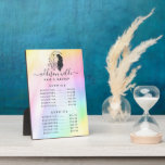 Plaque Photo Céleste mystique déesse Lune arc en ciel Prix<br><div class="desc">Celestial Mystic Moon Goddess Rainbow Price List plaque. Ce design d'entreprise comprend un arrière - plan arc-en-ciel accentué par une déesse céleste de lune aux cheveux longs et fluides. Ce design féminin lumineux est parfait pour toute femme d'affaires professionnelle à la recherche d'une identité artistique d'entreprise amusante. Parfait pour un...</div>