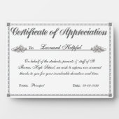 Plaque Photo Certificat d'appréciation Prix personnalisé (Devant)