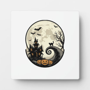 Plaque Photo Chat de Halloween Vintage Maison Hantée Lune Vecte