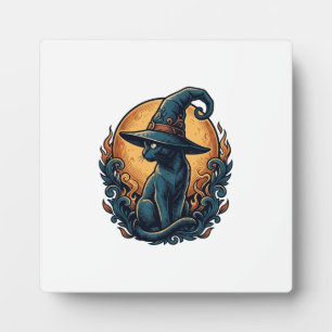 Plaque Photo Chat de sorcière vintage lune Halloween Art vector
