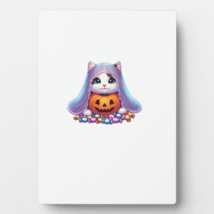 Plaque Photo Chat d'Halloween avec citrouille et bonbon T-shirt