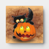 Plaque Photo Chat Fun Halloween Caractère mordant un Citrouille (Devant)