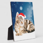 Plaque Photo Chat mignon portant chapeau de Noël rouge neige (Côté)