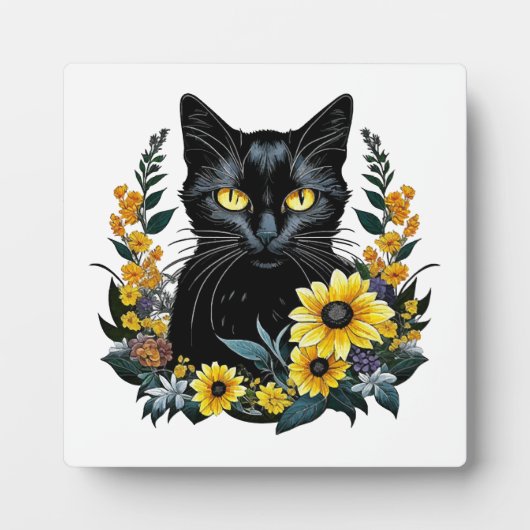 Plaque Photo chat noir avec des fleurs (Devant)