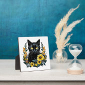 Plaque Photo chat noir avec des fleurs (Insitu)