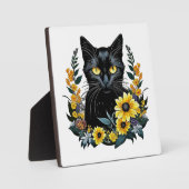 Plaque Photo chat noir avec des fleurs (Recto)