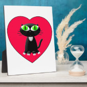 Plaque Photo Chat noir dans le coeur rouge (Côté)