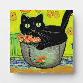 Plaque Photo Chat noir dans un pot de fleurs (Devant)