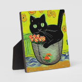 Plaque Photo Chat noir dans un pot de fleurs (Recto)
