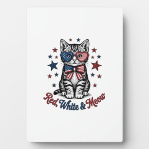 Plaque Photo Chat Patriotique Rouge Blanc et Meow Design Vintag