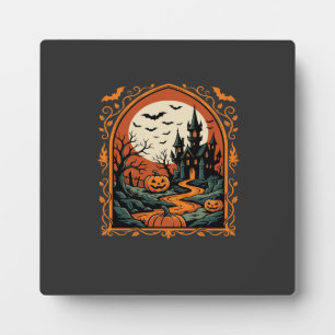 Plaque Photo Château Hanté Halloween Citrouille Lune Vector Art