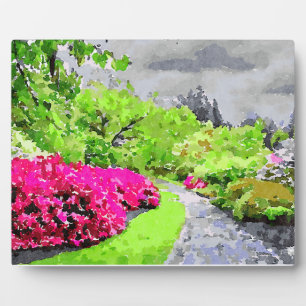 Plaque Photo Chemin de jardin serein avec fleurs roses vives