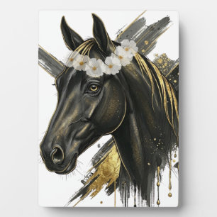 Plaque Photo Cheval Noir Doré Couronne Florale – Art Équestre L