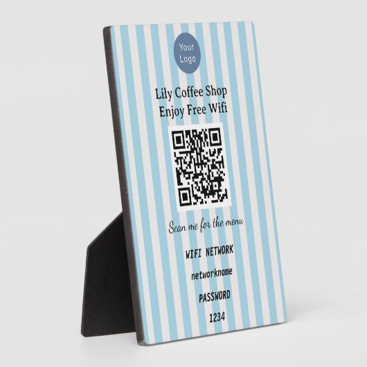 Plaque Photo Chic Light Blue & White Stripes QR Code Wifi (Côté)
