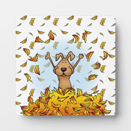 Plaque Photo Chien Jouant dans un seau de feuilles d'automne -  (Devant)