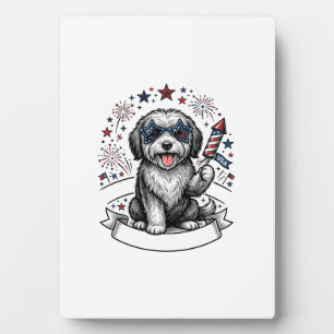 Plaque Photo Chien Patriotique Feu d'Artifice Vintage Vector T-