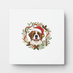 Plaque Photo Chien Saint-Bernard Chapeau de Père Noël Couronne