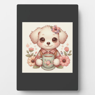 Plaque Photo Chien vintage avec tasse à thé florale