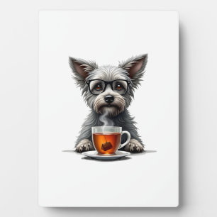 Plaque Photo Chien Vintage Tenant une Tasse de Thé avec des Lun