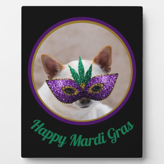 Plaque Photo Chihuahua mignon Happy Mardi Gras masque étincelan (Devant)
