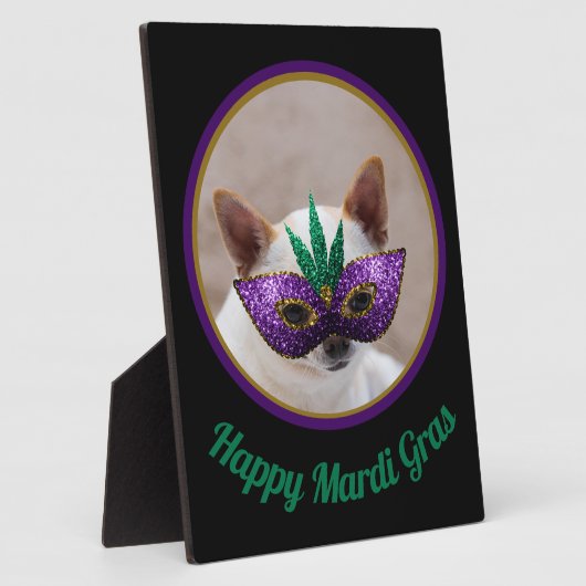 Plaque Photo Chihuahua mignon Happy Mardi Gras masque étincelan (Côté)