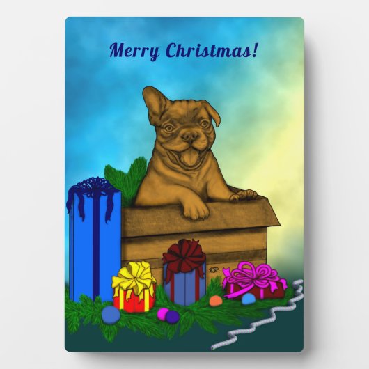 Plaque Photo Chiot dans une boîte, Joyeux Noël (Devant)