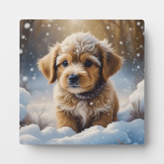 Plaque Photo Chiot de Noël dans la neige un jour d'hiver (Devant)