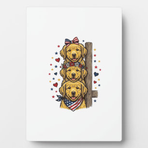 Plaque Photo Chiots Retriever Dorés Patriotiques Chemise Vintag