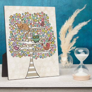 Plaque Photo Chouette chatte et oiseaux dans un arbre Illustrat