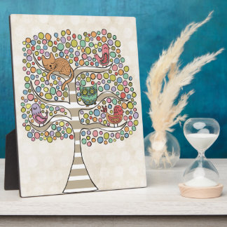 Plaque Photo Chouette chatte et oiseaux dans un arbre Illustrat