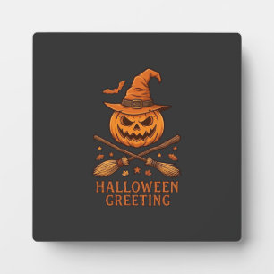 Plaque Photo Citrouille de salutation d'Halloween Sorcière Chap