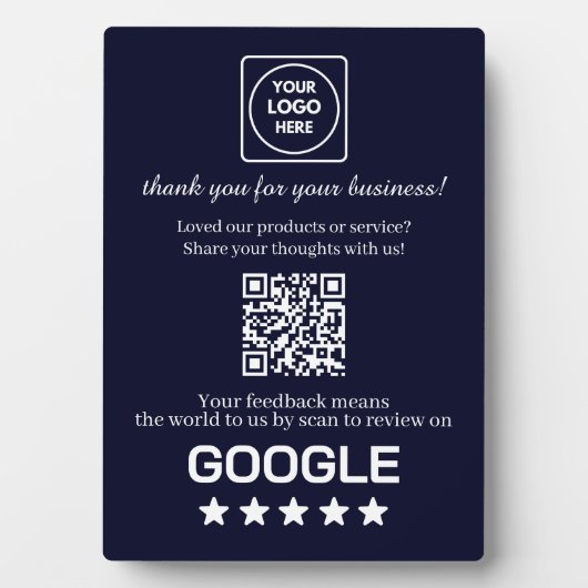 Plaque Photo Code QR Navy | Affichage des avis Google Business (Devant)