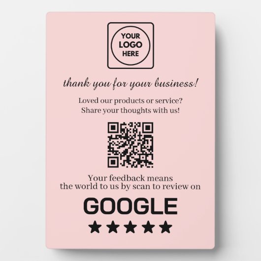 Plaque Photo Code QR rose | Affichage de la note de l'entrepris (Devant)
