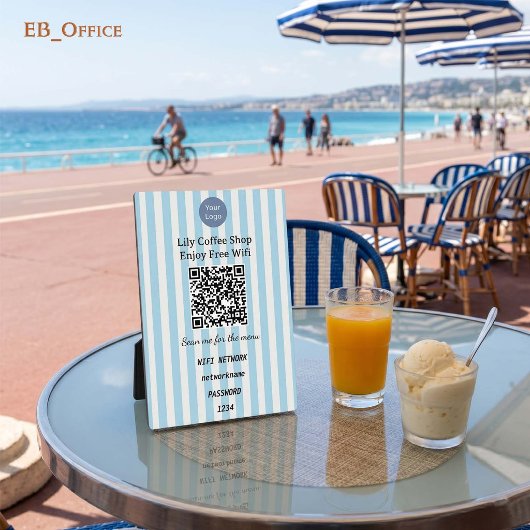Plaque Photo Code QR Wifi Piedestal Rayures Verticales Bleu Cla
