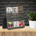 Plaque Photo Collage de photos rustique Script de famille Keeps<br><div class="desc">Rustique Photo Collage Script Family Keepsaké Dire plaque. Fond en bois rustique avec la famille disant en écriture blanche et collage photo de famille - ajouter 6 photos de famille préférées et personnaliser le numéro d'année. Vous pouvez customiser le texte si vous le souhaitez. C'est un souvenir amusant et mignon...</div>