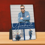 Plaque Photo Collage photo de la Graduation moderne Marine Blue<br><div class="desc">Vos photos préférées, le mot Graduate, votre nom et votre année de graduation en texte blanc élégant sur le devant, cette plaque photo sans cadre avec un chevalet intégré est un grand souvenir pour rappeler le jalon spécial de votre diplômé. **CONSEIL : Téléchargez toutes les photos horizontales pour obtenir les...</div>